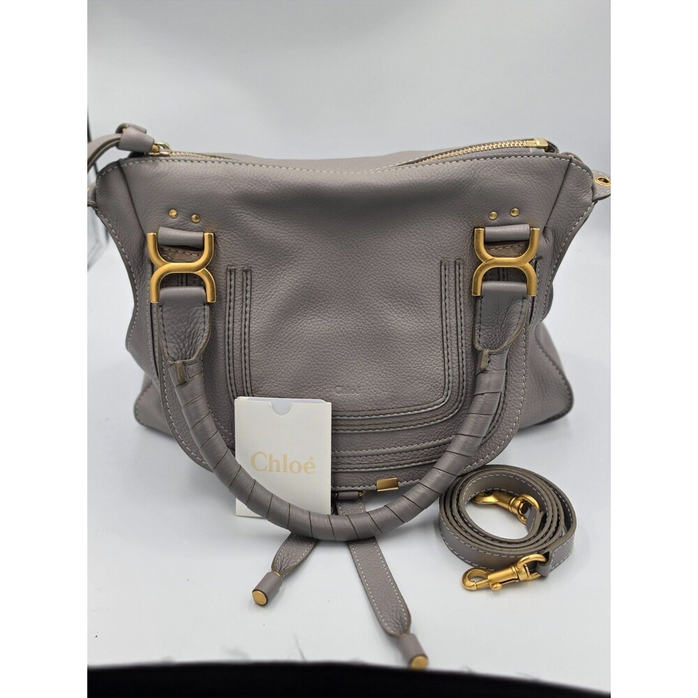 Chloe Marcie Medium Satchel Crossbody Bag Motty Grey Pebbled Leather Authentic - Picture 3 of 5